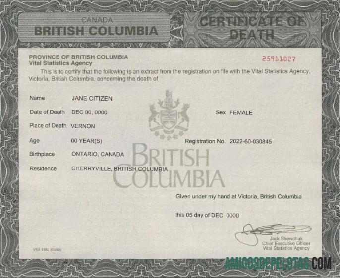 Para baixar modelo de certidão de óbito da Colúmbia Britânica do Canadá em formato PSD